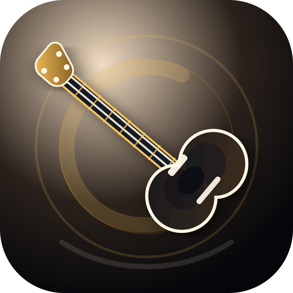 Illustrated electric bass in cream and white against a warm black and brown background.