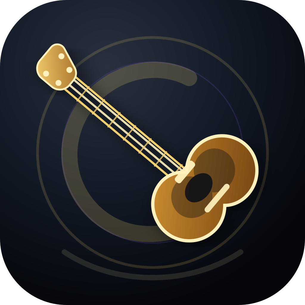 Illustrated electric bass in gold and amber against a midnight blue background.